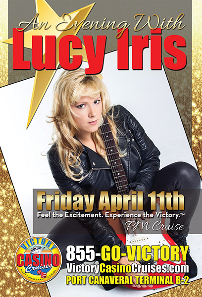 Promotional graphic for Lucy Iris live event on Victory Casino Cruises
